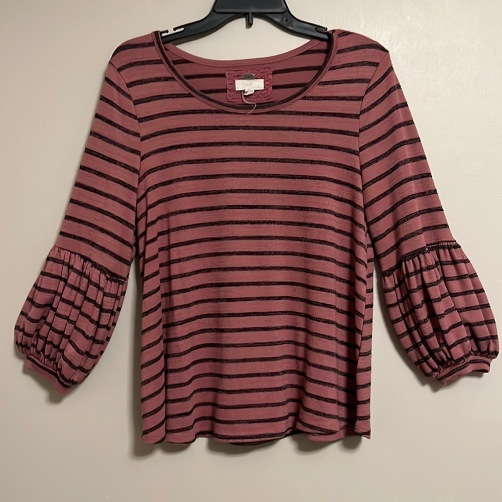 CUPIO women’s oversized striped top mauve with‎ black stripes 3/4 lantern sleeve